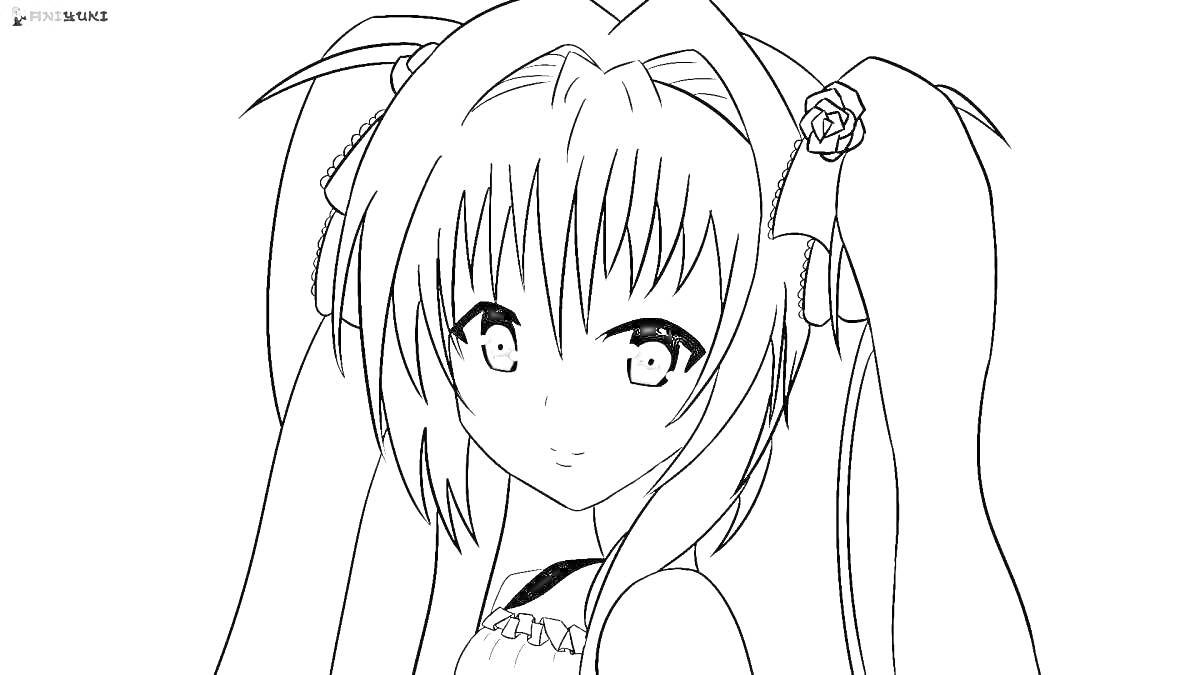 Раскраска Аниме девочка с длинными волосами в хвостике и цветами, взглядом вперед