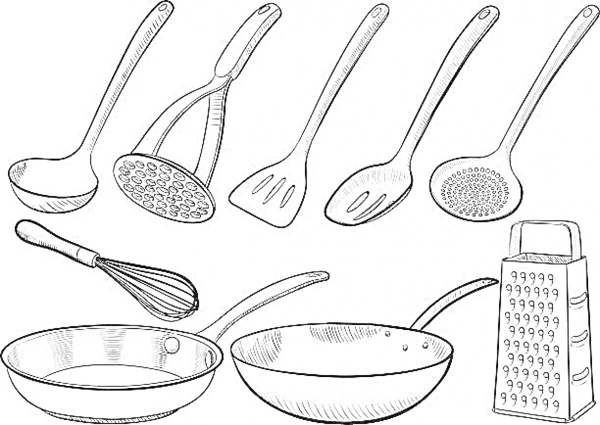 Раскраска Полный набор кухонных инструментов - половник, картофелемялка, лопатка с прорезями, ложка-шумовка, сито, венчик, две сковороды, терка