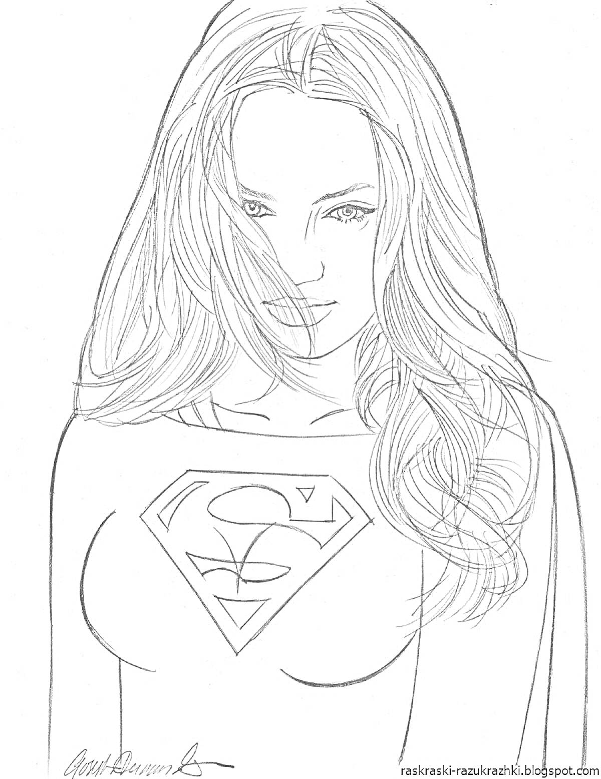 Раскраска Изображение девушки с длинными волосами и логотипом супергероя на груди