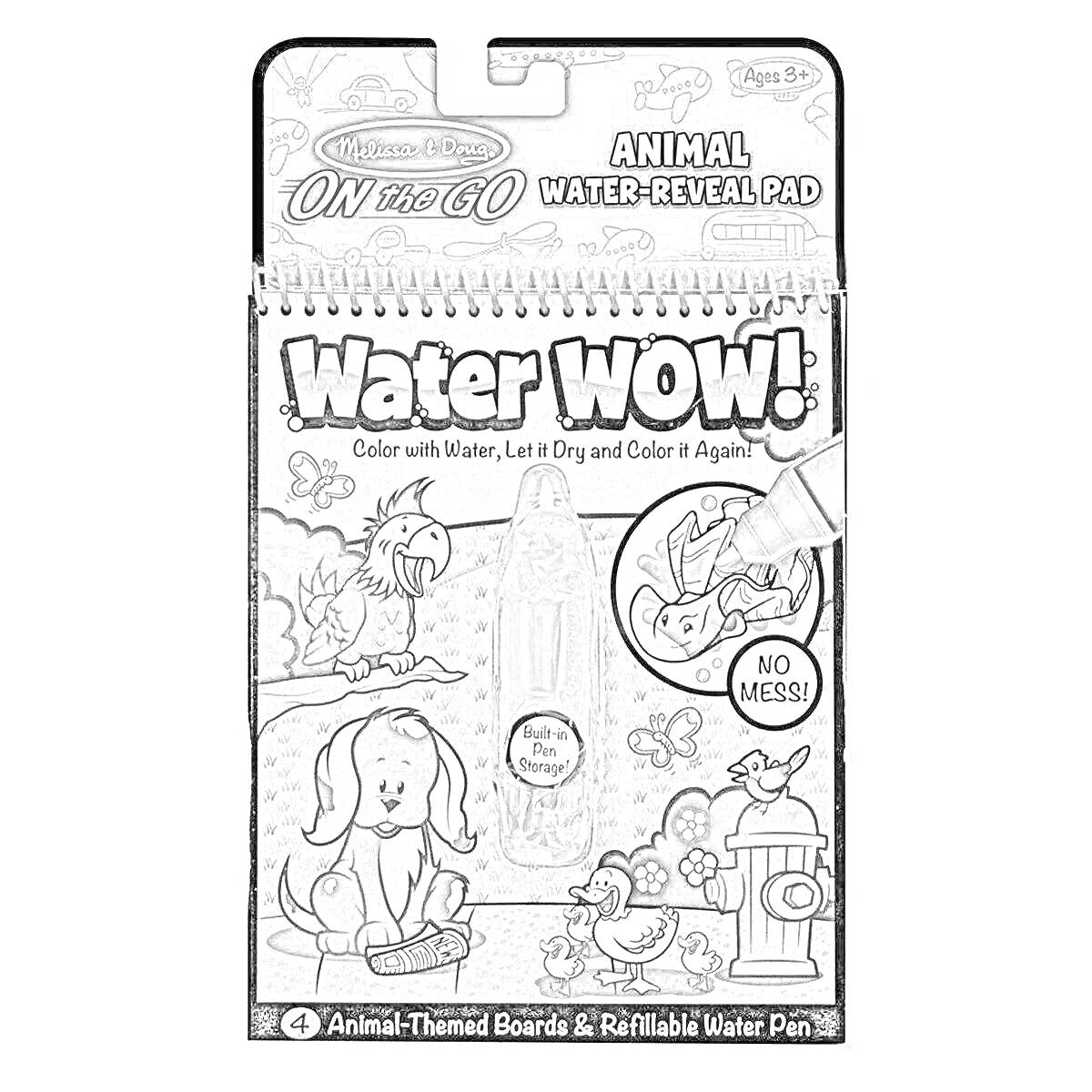 Melissa & Doug On The Go Animal Water-Reveal Pad. На фото изображено: животные (попугай, слон, собака), водяной маркер, книга для раскрашивания.