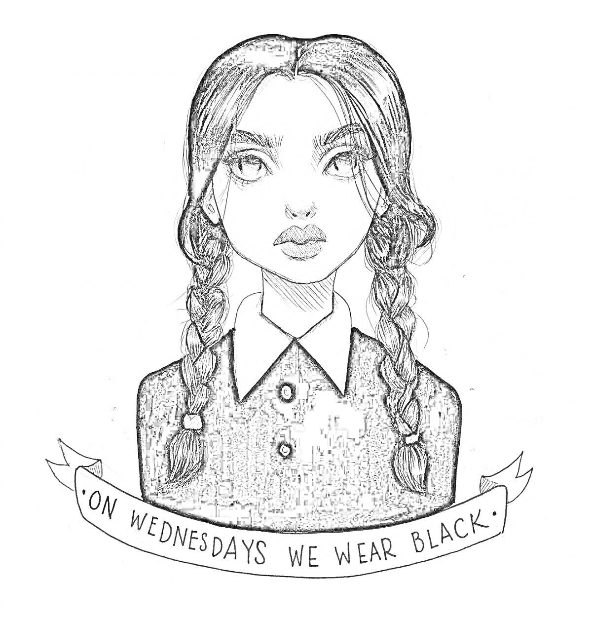 Раскраска Уэнздей Аддамс в черном платье с косичками, цитата 