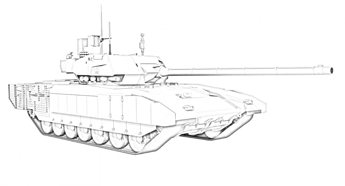 Раскраска Танк Т-14 Армата с длинным орудием, гусеничной базой и башней с оборудованием