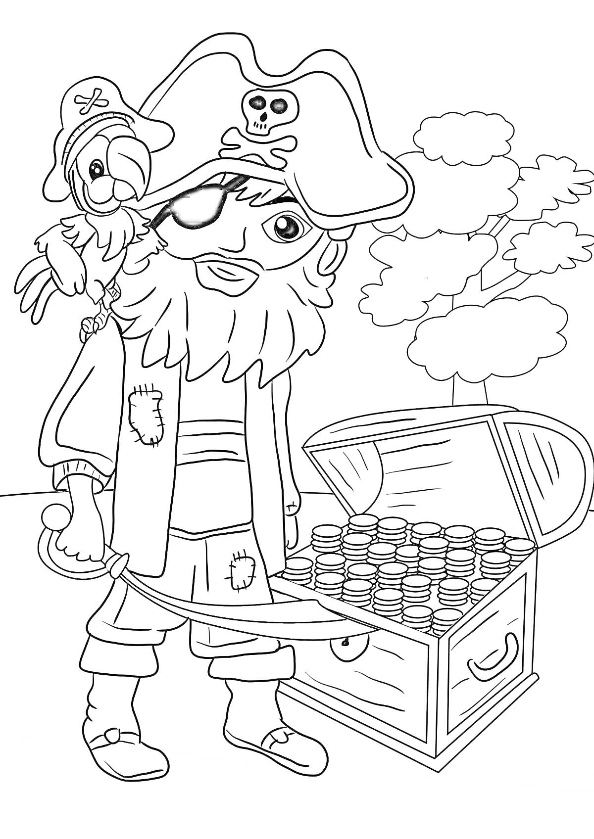 На раскраске изображено: Сокровища, Меч, Монеты, Пираты, Приключения