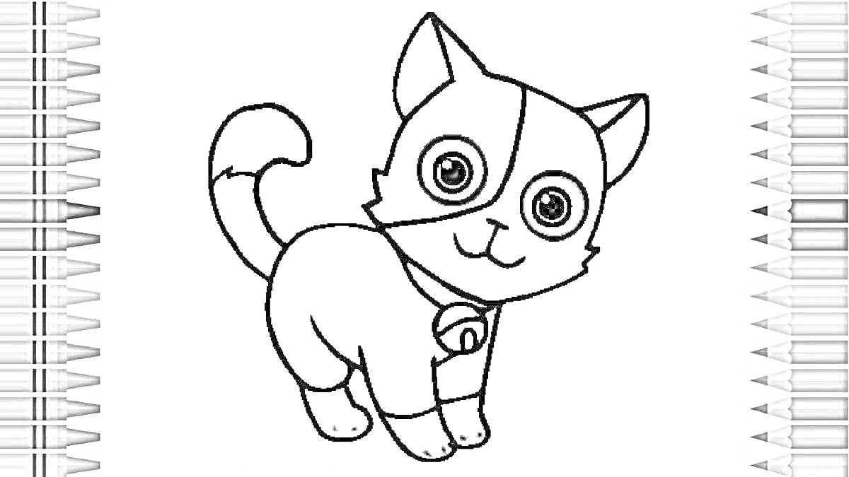 Раскраска Мультяшный кот с колокольчиком на шее, фон без элементов, по бокам изображение карандашей