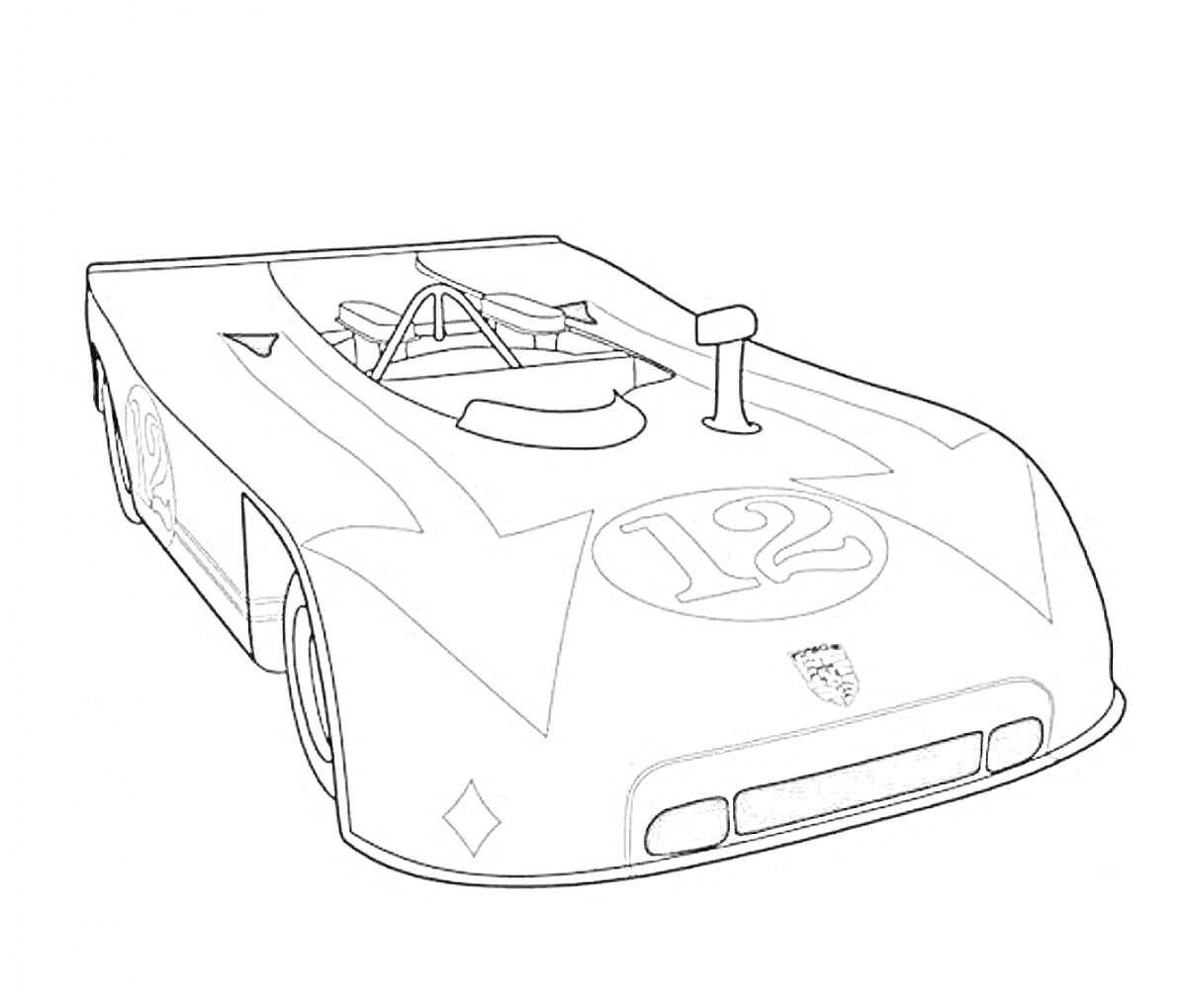 Гоночный автомобиль с номером 12, обтекаемая форма кузова, обилие аэродинамических элементов, логотип на капоте