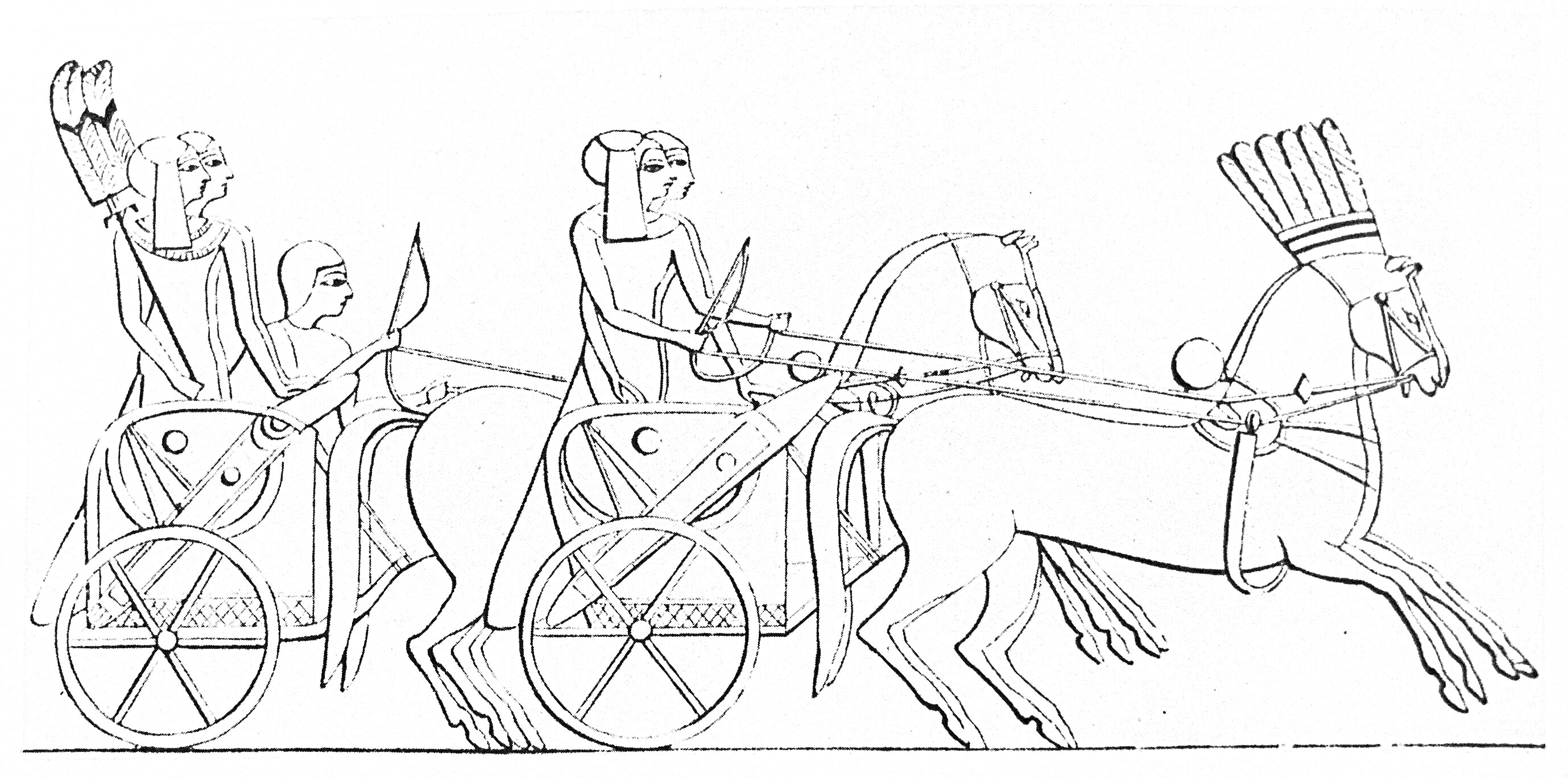 Раскраска Состязание колесниц. Два человека на колесницах с лучниками, запряженные лошадьми.