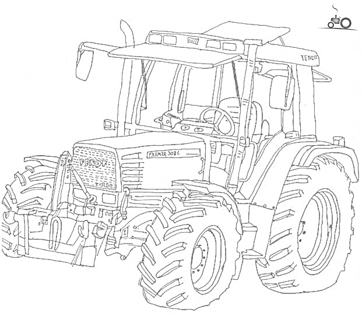 На раскраске изображено: Трактор, Крупные шины, Сельскохозяйственная техника