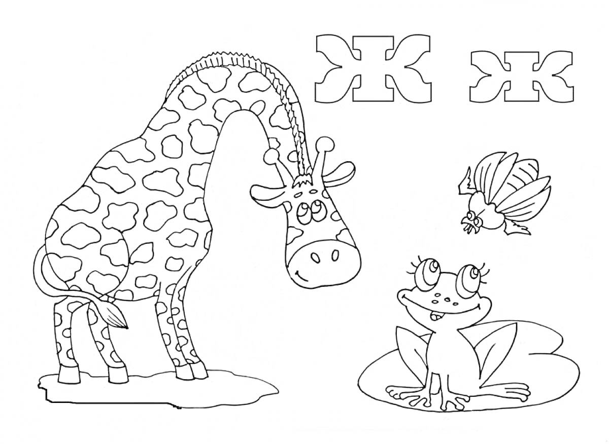 На раскраске изображено: Буква Ж, Азбука, Алфавит, Для детей, Животные, Жирафы, Жуки, Лягушки
