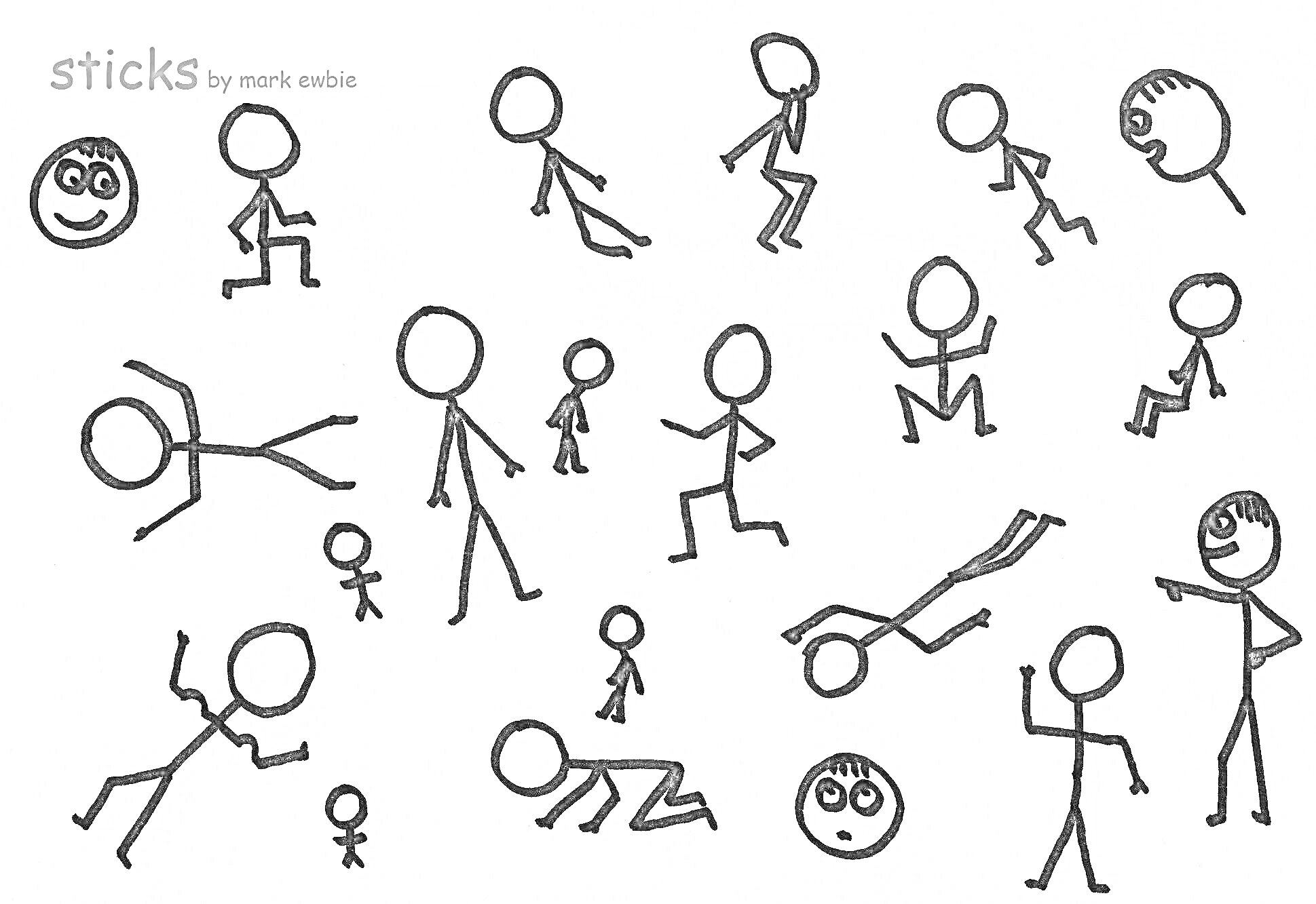 Раскраска Стикмены в различных позах, включая бег, прыжки, ходьбу, лежание на животе, сидение, указывающего человека и детские фигуры