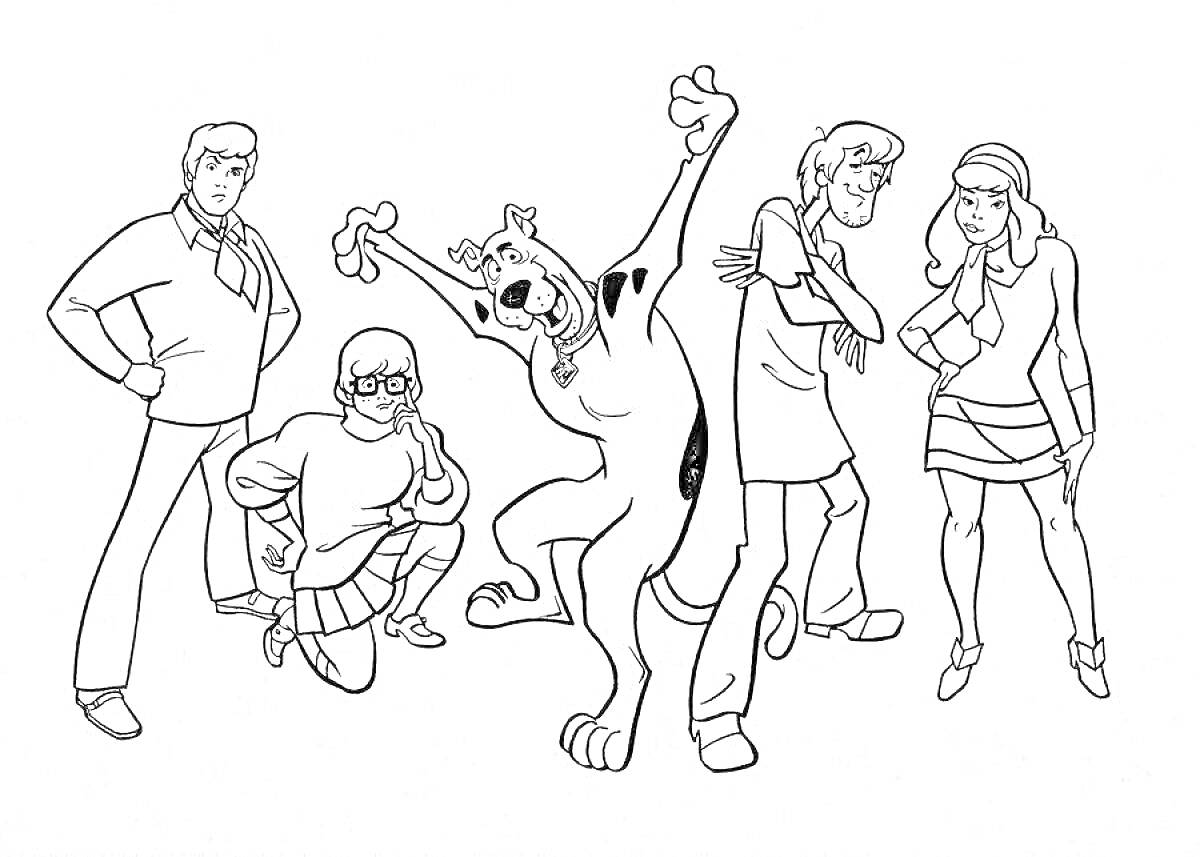 Раскраска Пять персонажей из команды в разных позах, включая одно животное, стоящее на задних лапах