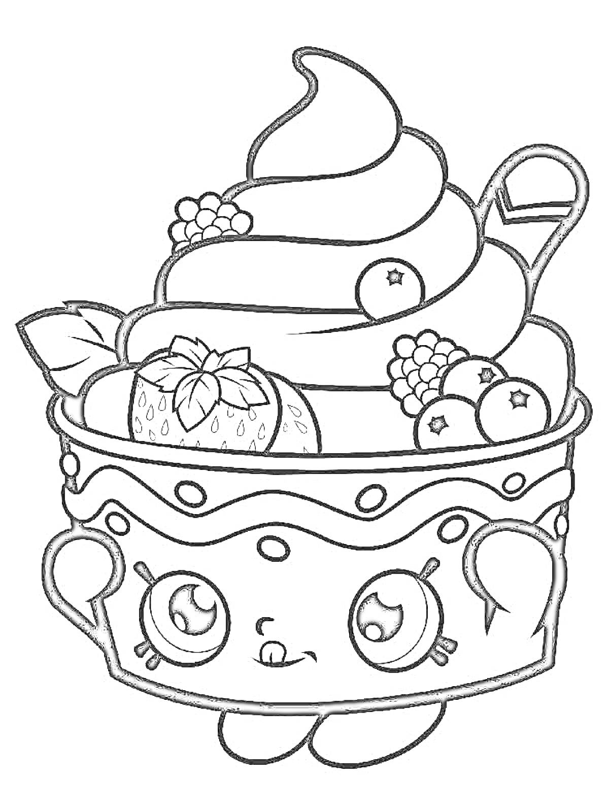 Раскраска Чашечка с мороженым с ягодами и ложкой