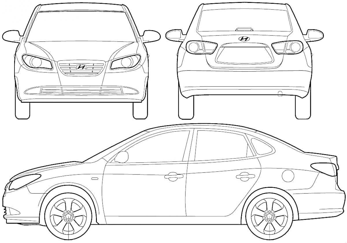 Раскраска Вид спереди, вид сзади и вид сбоку седана