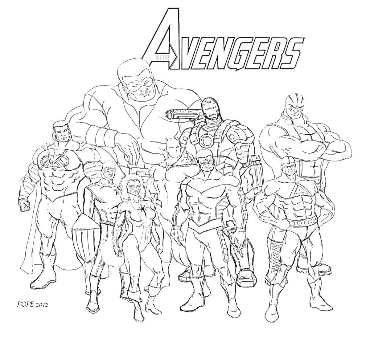 Раскраска Мстители: Девять супергероев в мести, включая крупнейшего члена команды в центре, полным боевым обмундированием, с логотипом Avengers сверху