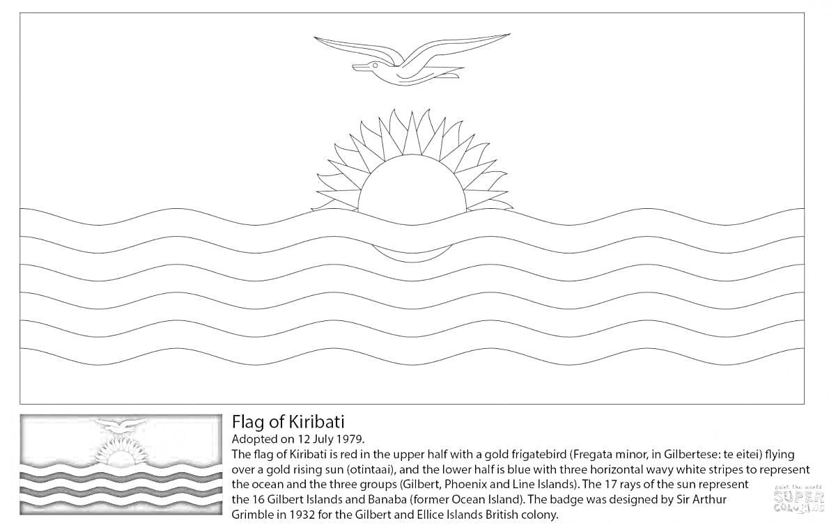 Раскраска-описание с флагом Кирибати, включая восходящее солнце, морские волны и птицу