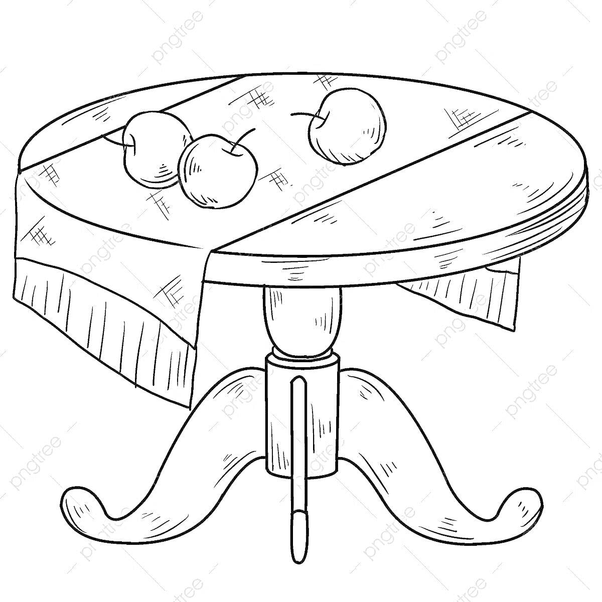 Раскраска Стол с тремя яблоками и скатертью.