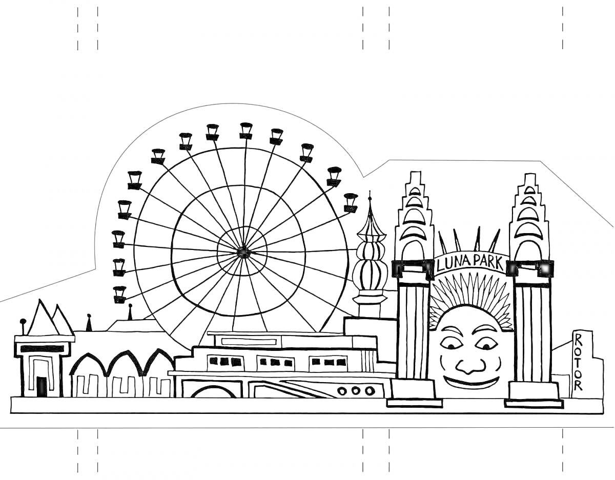 Раскраска Парк развлечений с колесом обозрения, фасадом со странным лицом, башнями и крытыми постройками