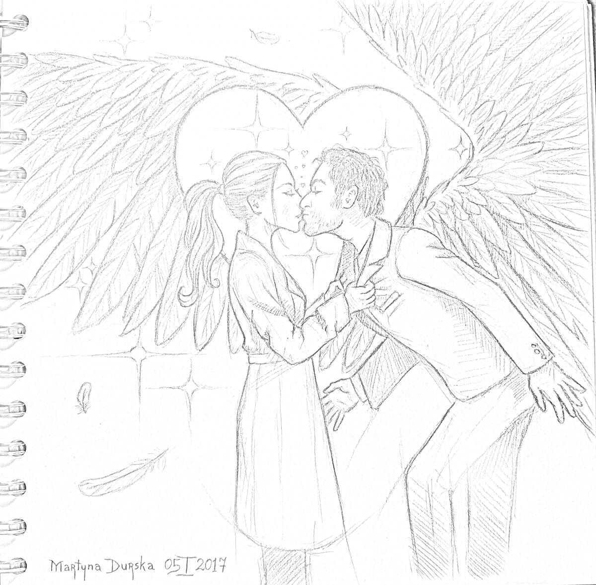 Раскраска Пара ангелов целуется перед каменной стеной с сердцем