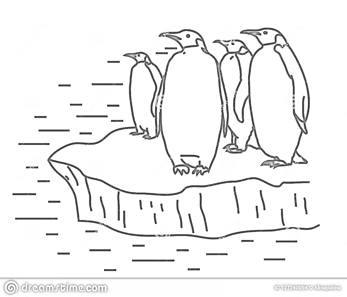На раскраске изображено: Пингвины, Льдина, Антарктика, Лед, Вода, Природа