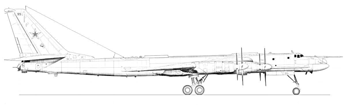 Раскраска Самолёт Ту-95 боковой вид, с шасси, видны двигатели и винты