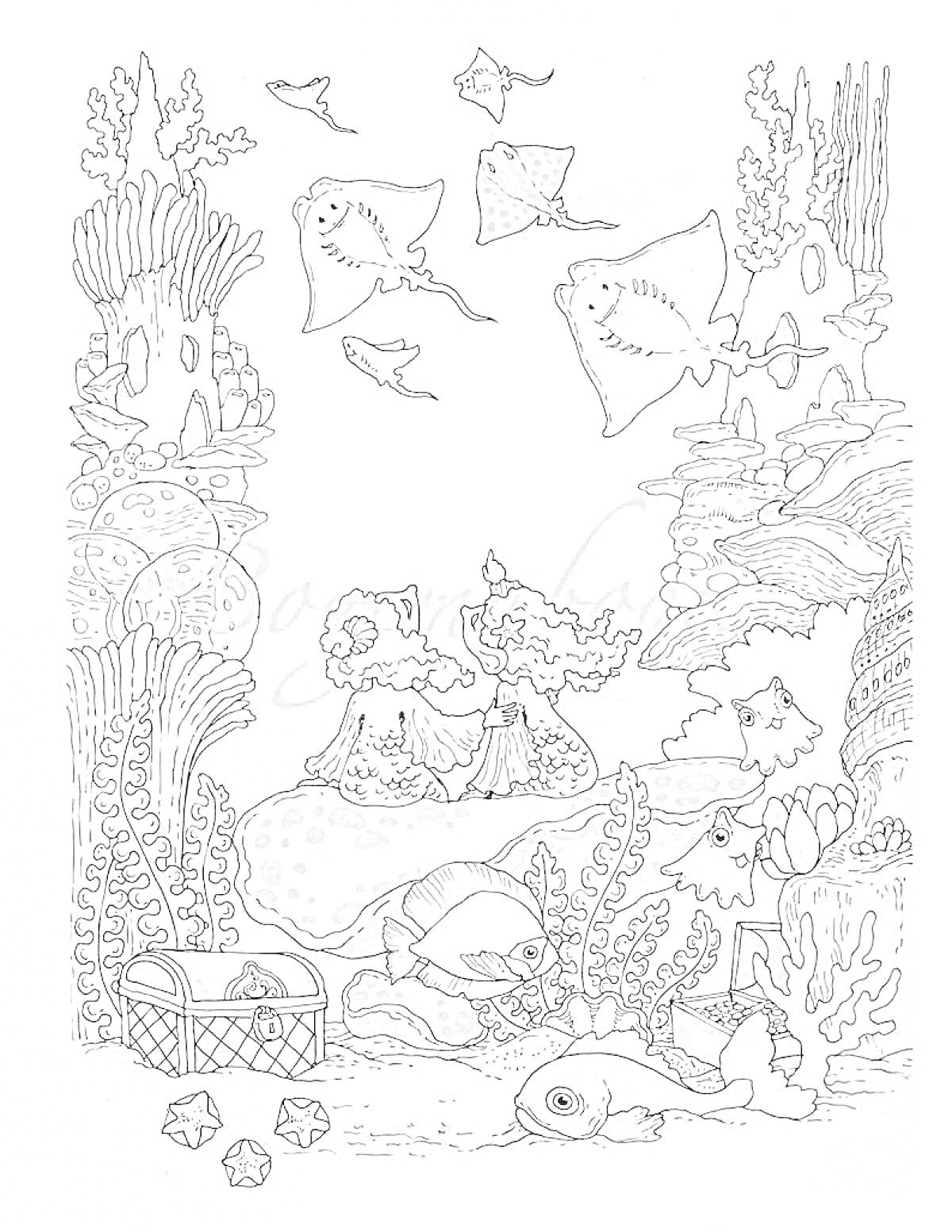 На раскраске изображено: Подводный мир, Кораллы, Сундук с сокровищами, Морские звезды, Водоросли