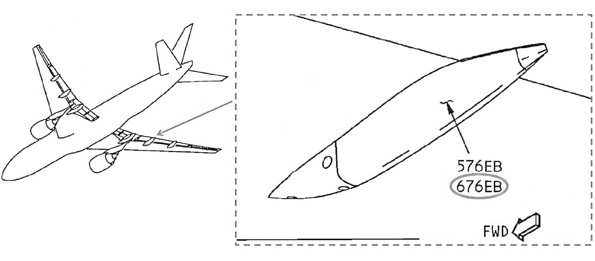 Раскраска Боинг 777 с верхней и боковой проекциями, номера 576EB и 676EB, указатель FWD.