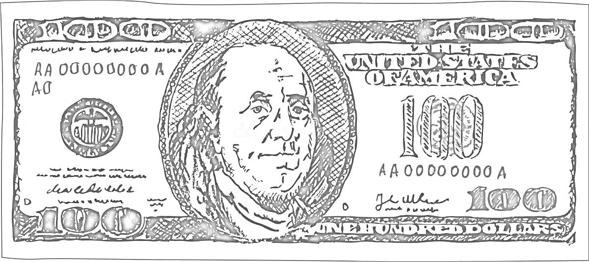 На раскраске изображено: Деньги, Доллар, 100 долларов, Финансы, Валюта, США, Портреты