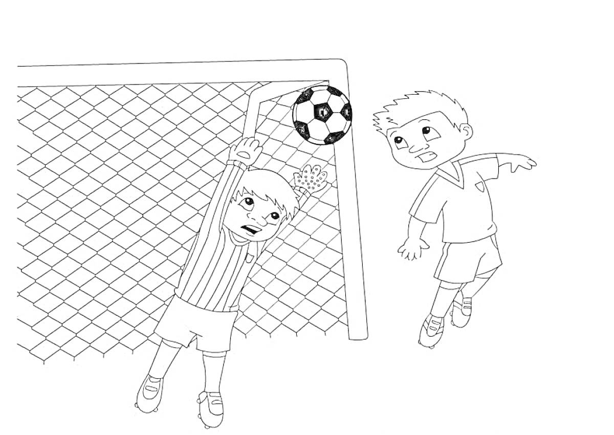 На раскраске изображено: Футбол, Ворота, Футбольный мяч, Вратарь, Спортивная площадка, Спорт