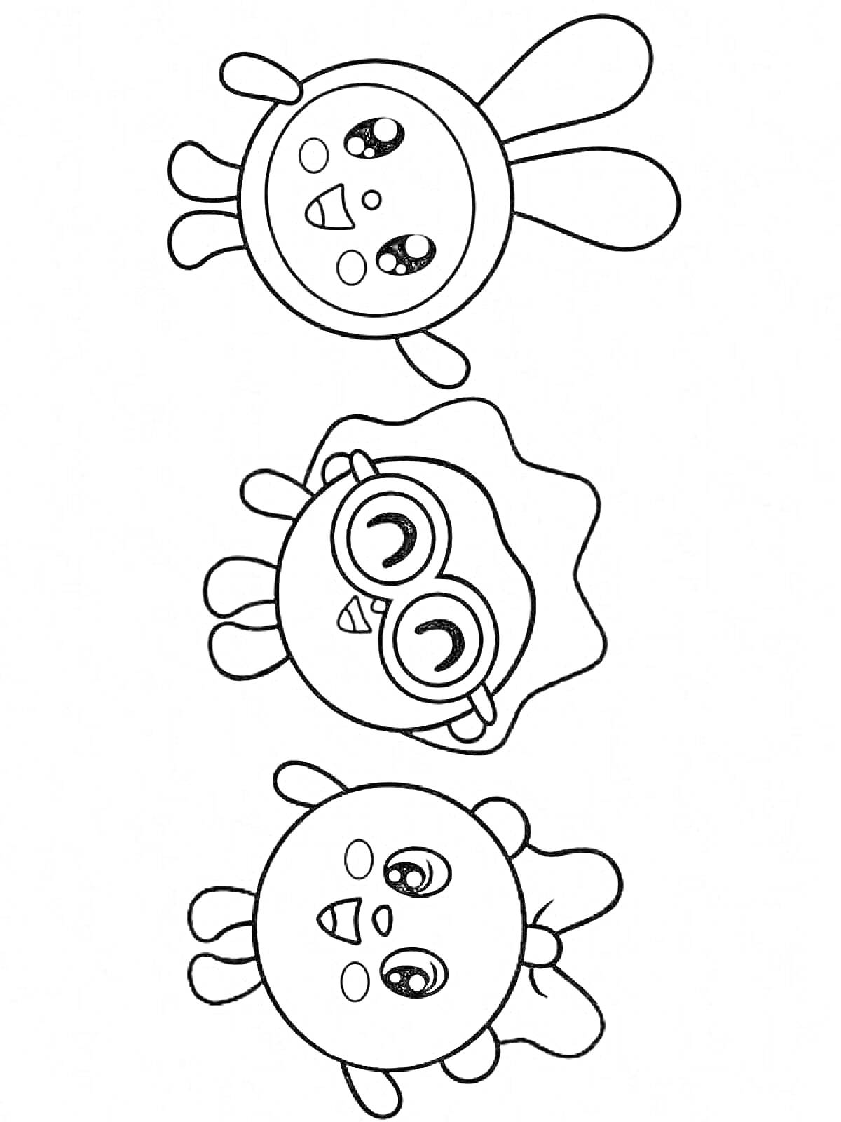 Раскраска Три персонажа: Кролик с большими ушами и улыбкой наверху, персонаж с очками посередине, персонаж с бантиком внизу
