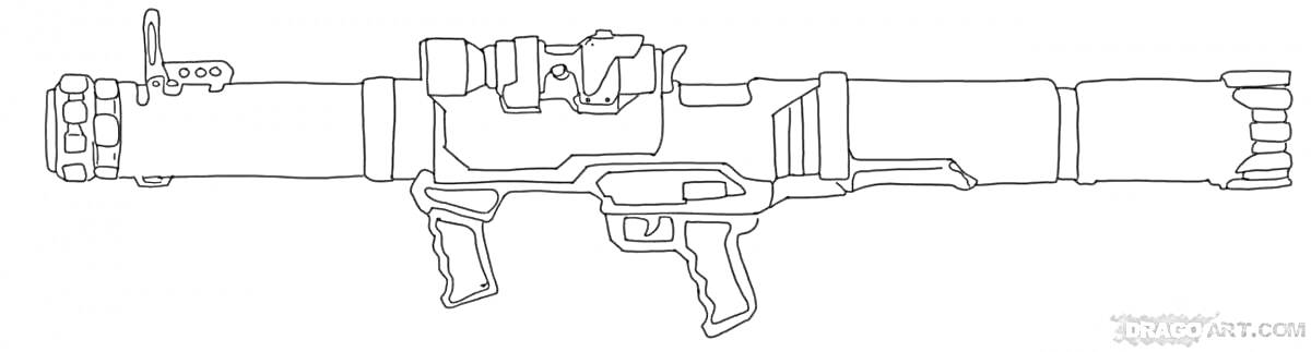 На раскраске изображено: Гранатомет, Оружие, Прицел