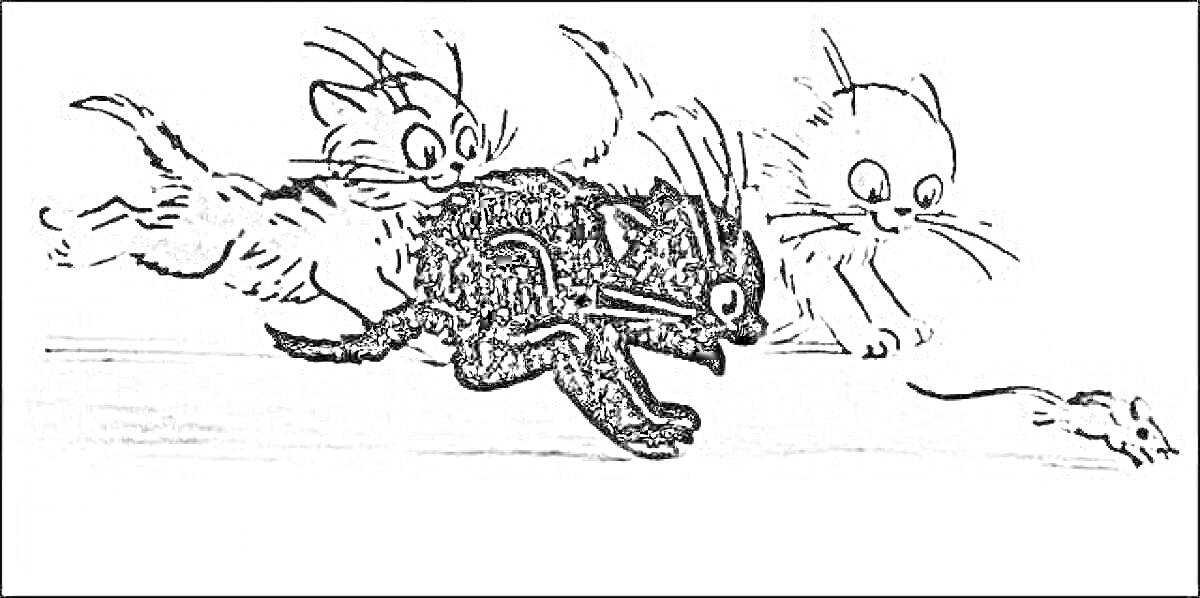 На раскраске изображено: Мышь, Погоня, Сутеев