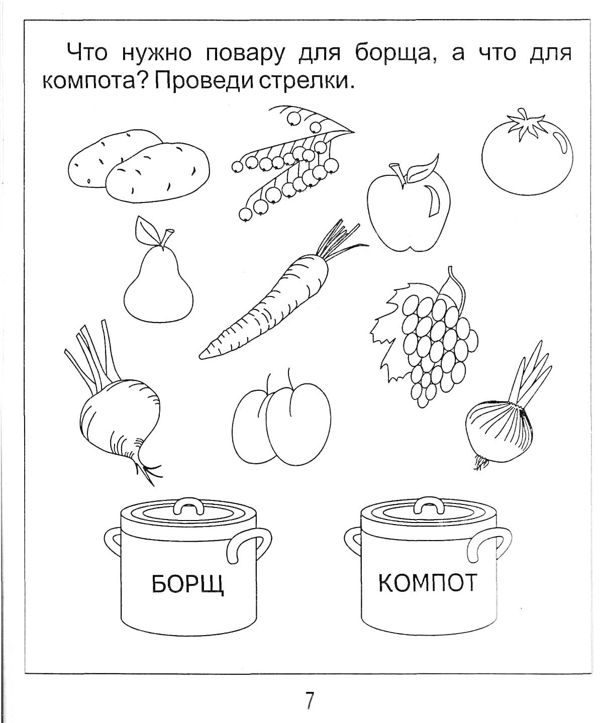 На раскраске изображено: Продукты, Борщ, Компот, Для детей, Овощи, Фрукты, Обучение, Питание