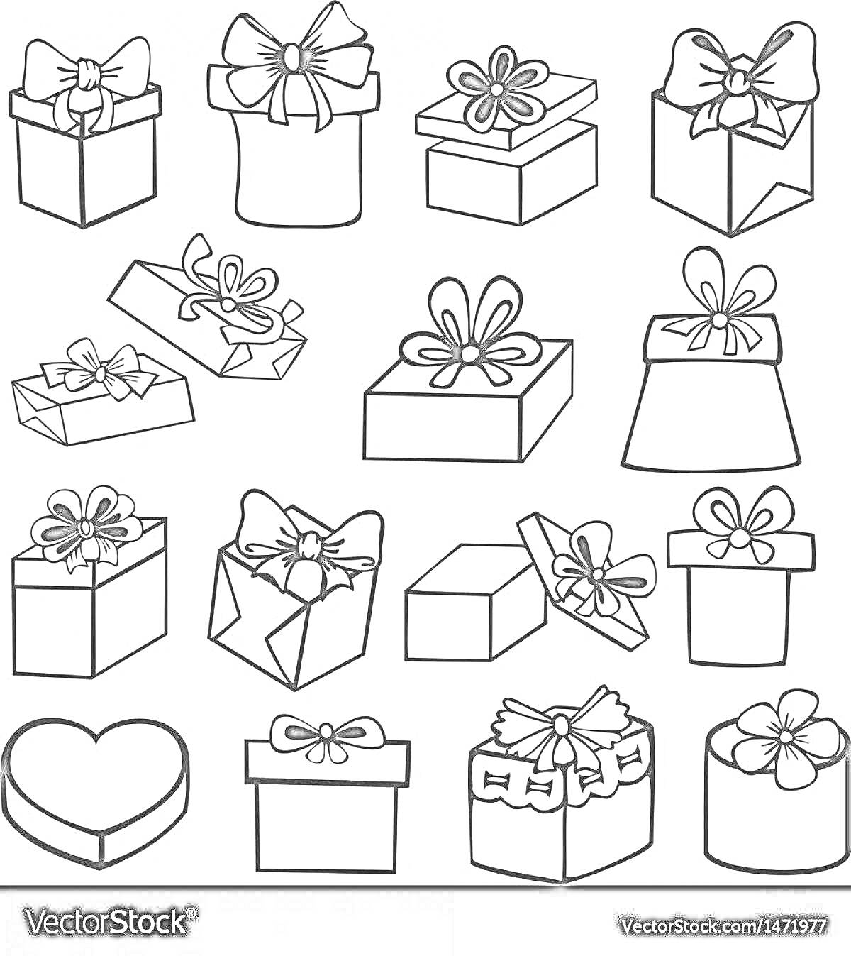 На раскраске изображено: Подарочные коробки, Упаковка, Подарки, Праздники, Цветы, Коробка, Лента, Бант, Сердца
