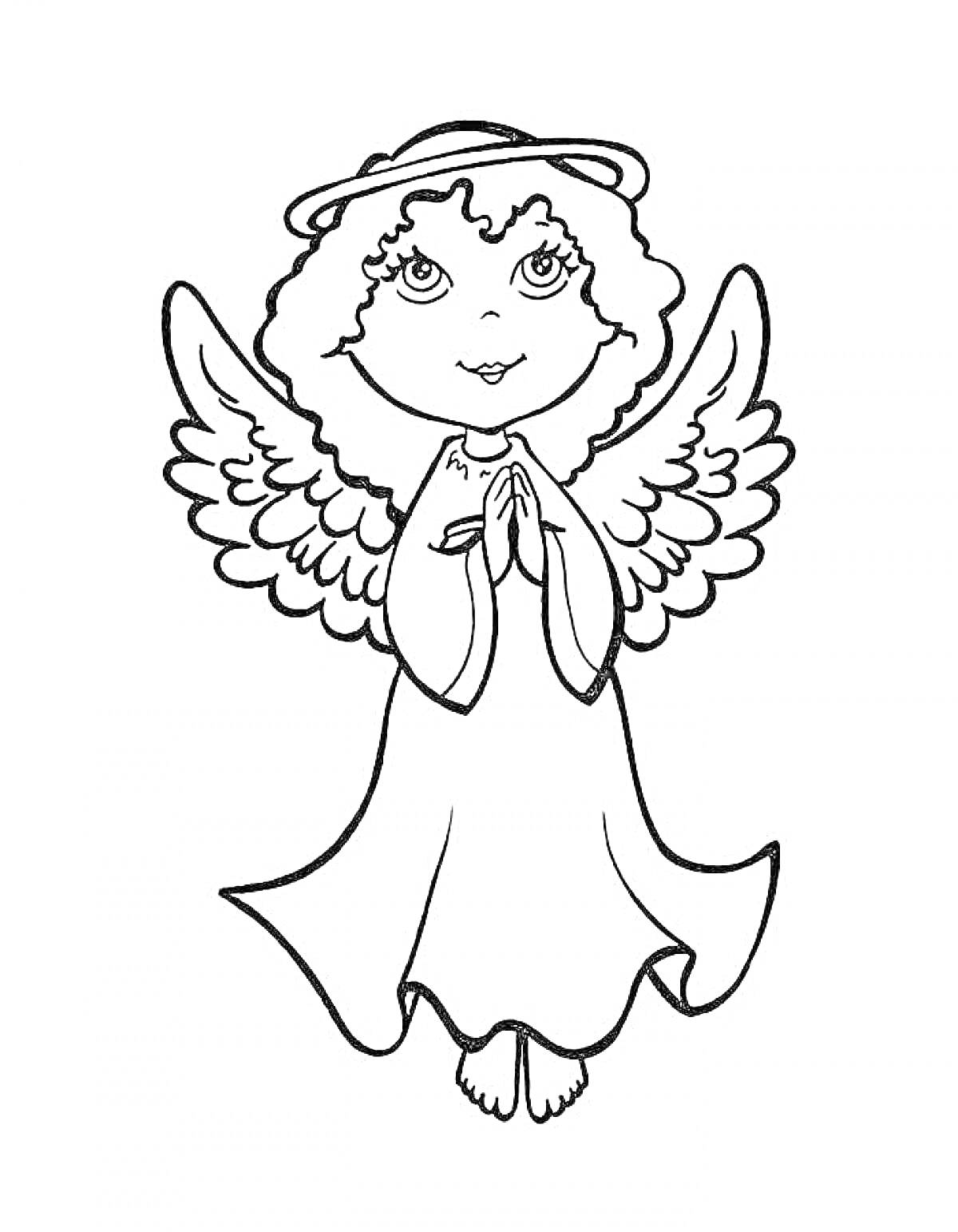 Ангел с кудрявыми волосами, в длинном платье, сложивший руки в молитве, с крыльями и нимбом
