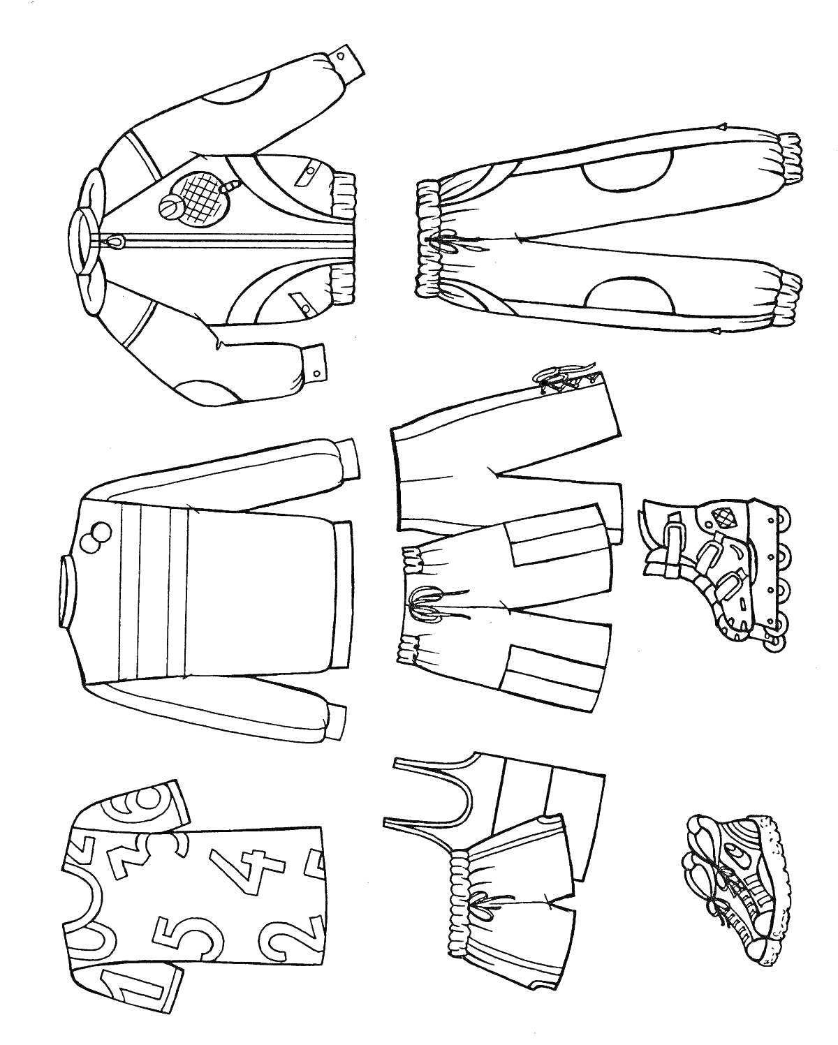 На раскраске изображено: Спорт, Одежда, Кофта, Штаны, Шорты, Коньки