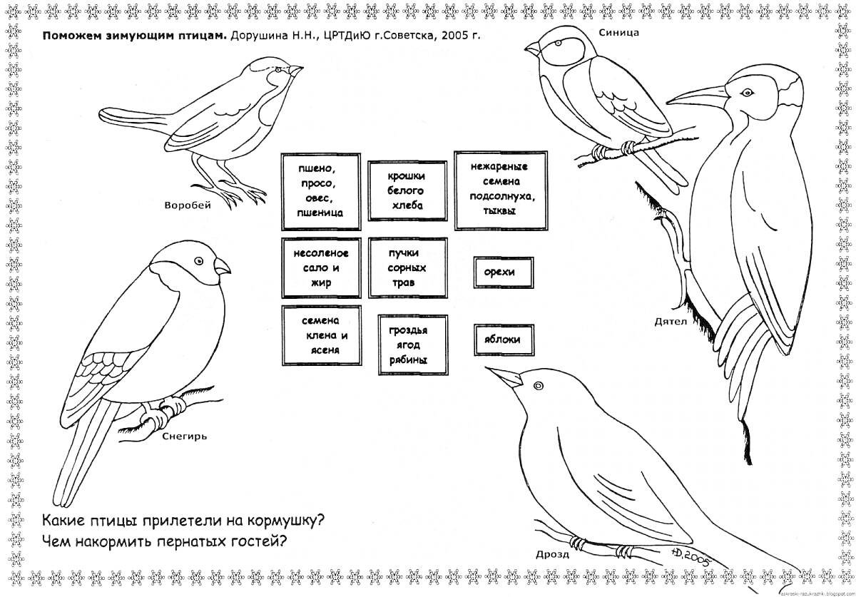 Раскраска зимующие птицы: воробей, щегол, ворона, поползень, снегирь,карточки с названиями корма