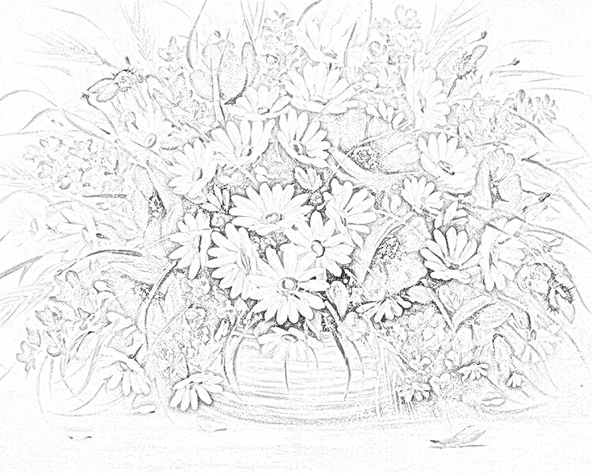 Раскраска Корзина с ромашками и другими цветами на фоне стола