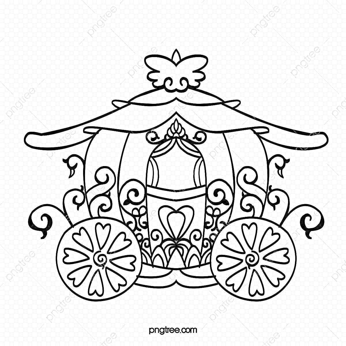 Раскраска Карета с кружевными узорами, украшением на крыше и цветочным оформлением колёс