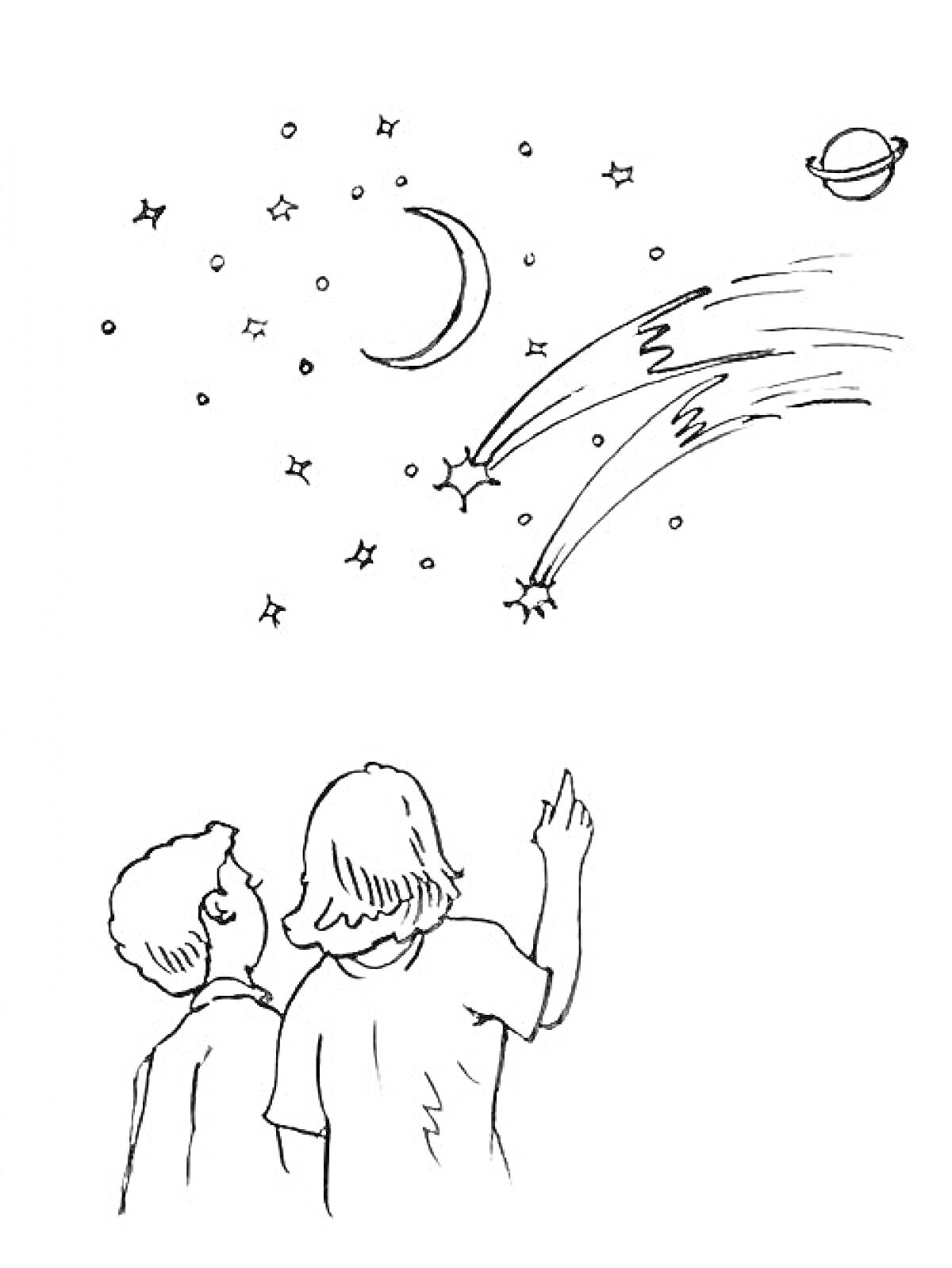 Раскраска Дети любуются звездным небом с луной, планетой и метеорами