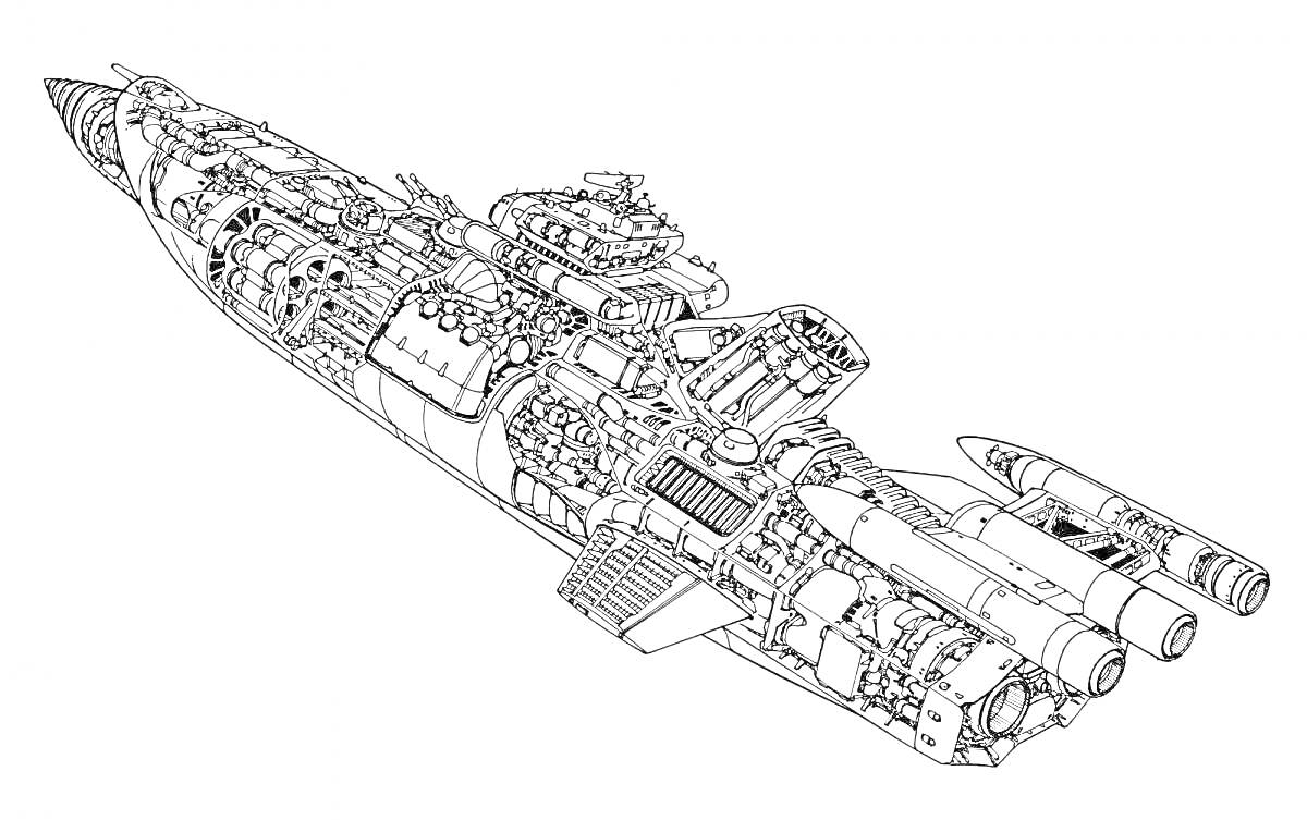 Раскраска Космический корабль с детализированными элементами и ракетными двигателями