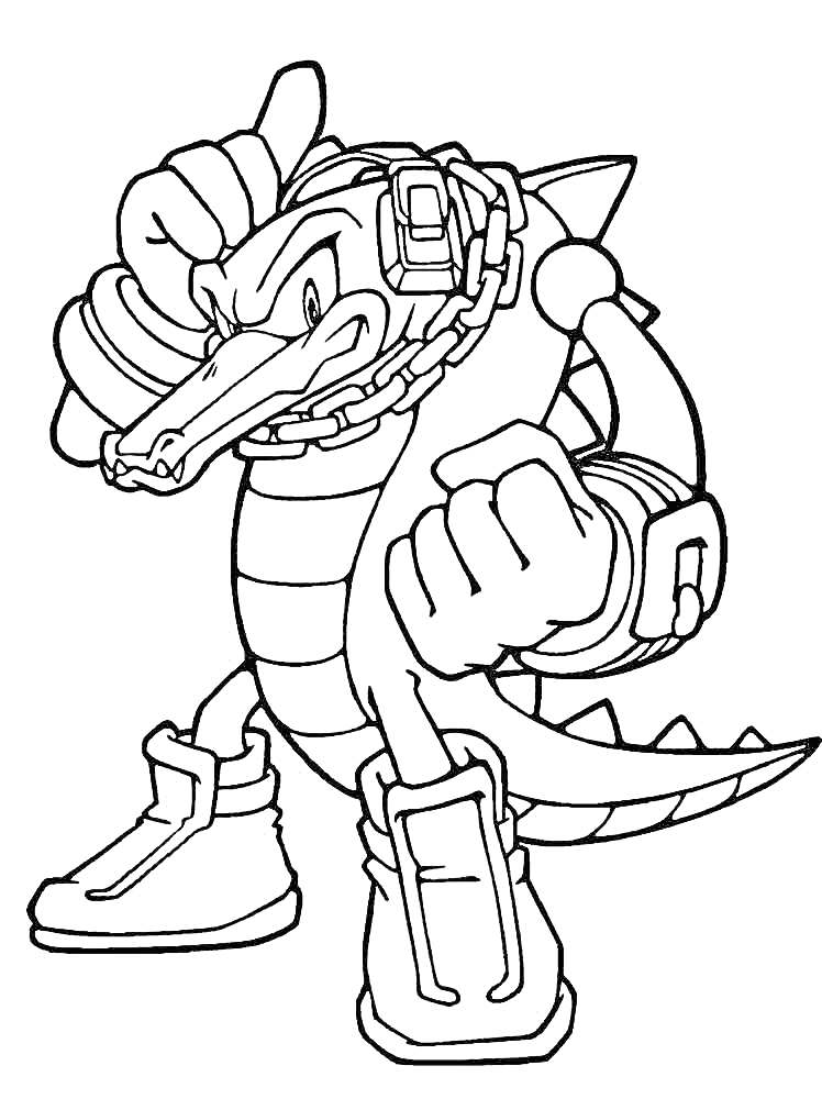 Раскраска Крокодил из Соника с наушниками и цепью, в боевой позе с поднятым кулаком