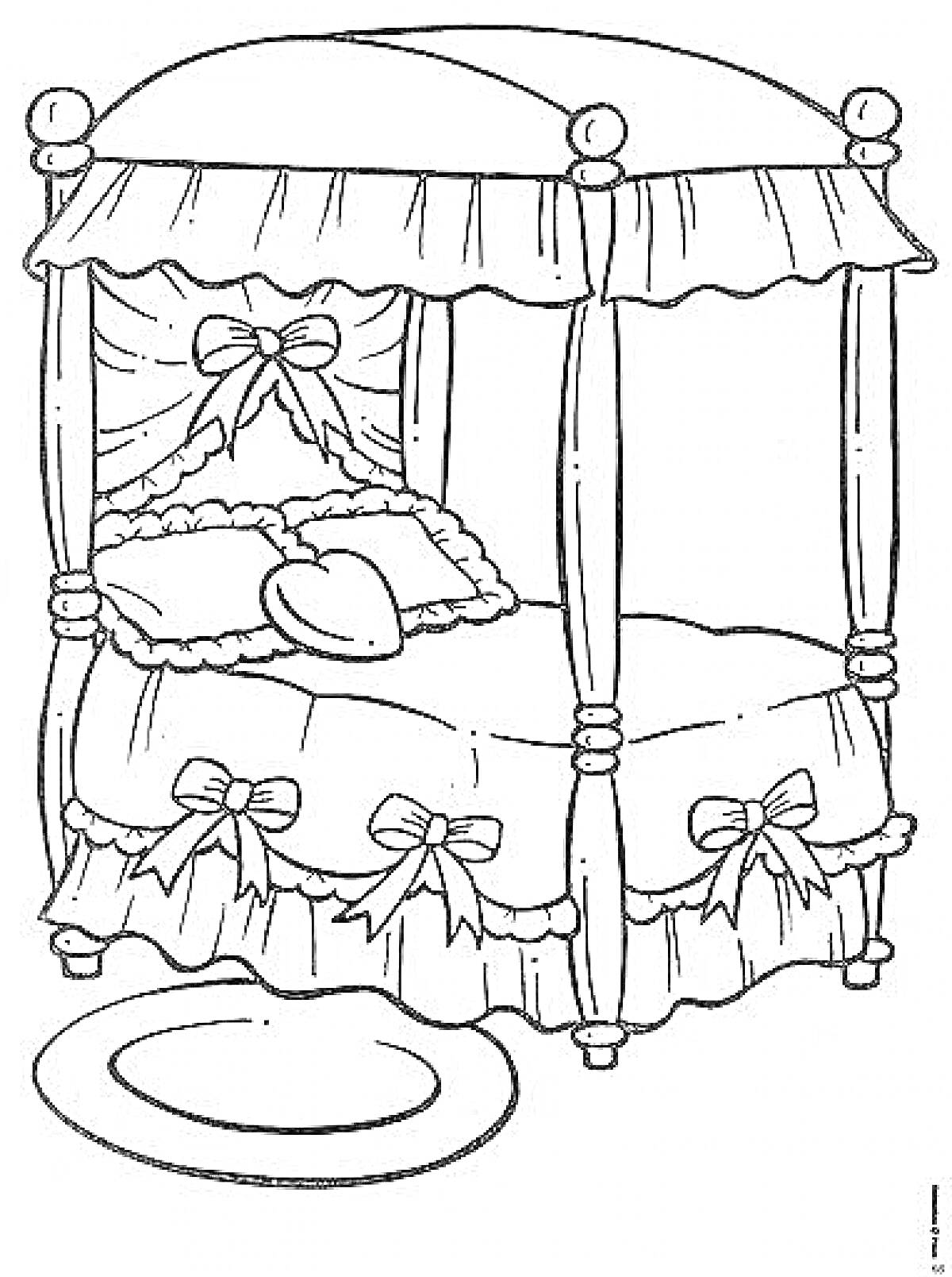 Раскраска Кукольная кроватка с подушками и балдахином