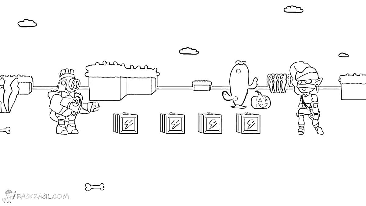 Раскраска Brawl Stars, Эмз слева и другой персонаж игры справа, три ящика с молниями, облака, кость, кактус, тыква