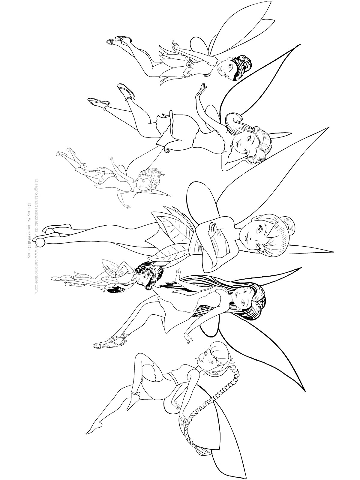 Раскраска Феи Динь-Динь шесть фей с крыльями