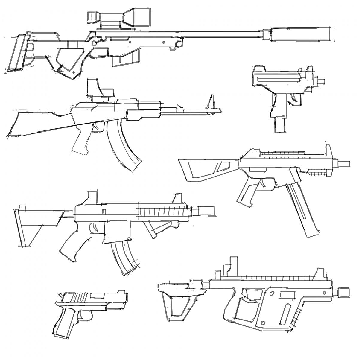 На раскраске изображено: Оружие, Standoff 2, Снайперская винтовка, Прицел, Глушитель, Пистолет-пулемет, Магазин, Цевьё, Автомат, Пистолет, Рукоятка, Ствол