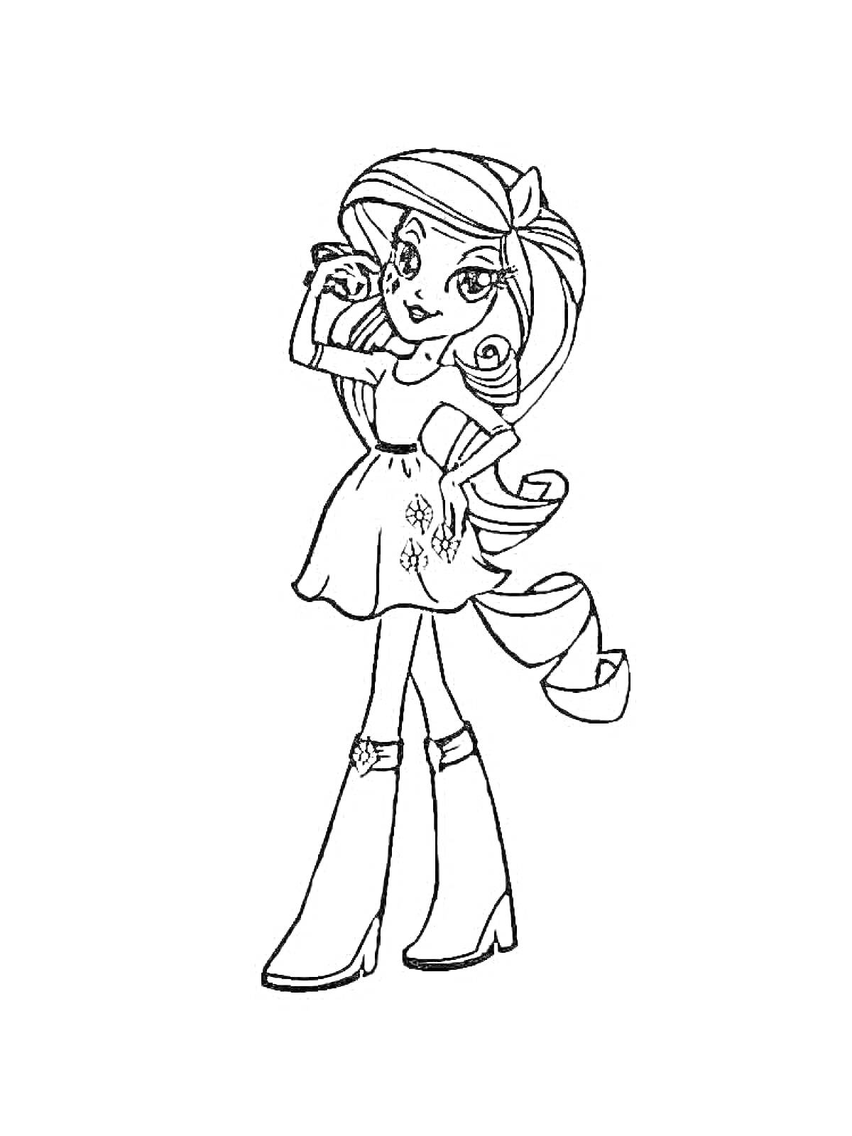 Раскраска Девушка из Эквестрия Герлз в платье и высоких сапогах с длинными волосами и украшением в волосах