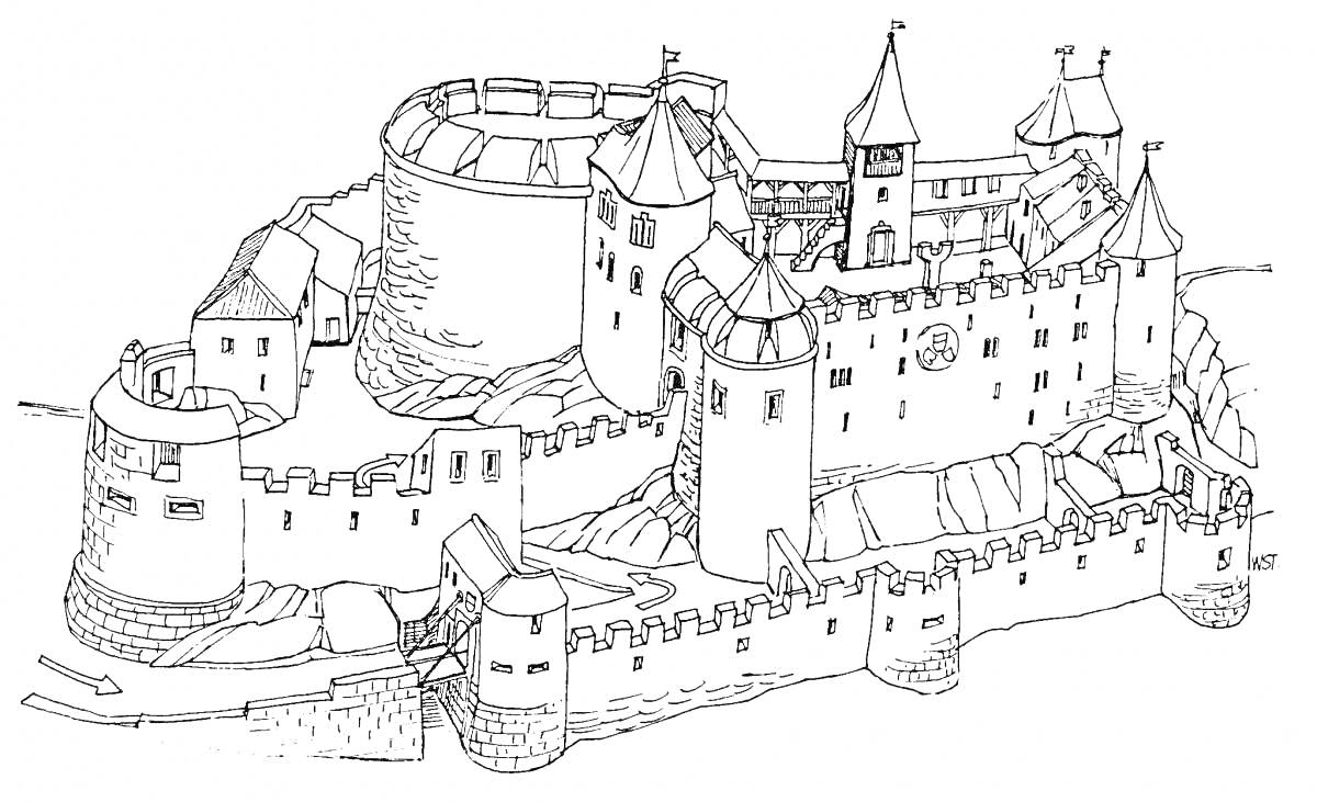 Раскраска Средневековый замок с башнями, стенами, укреплениями и въездными воротами