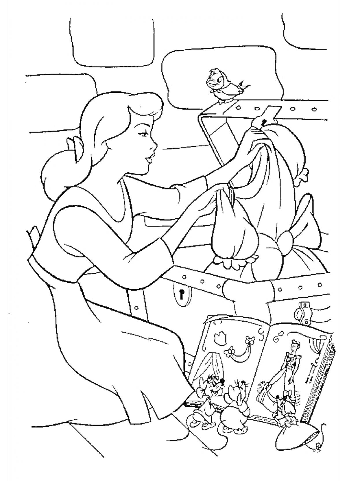 Золушка, сидящая перед сундуком с платьем, рядом книги, мыши и птица