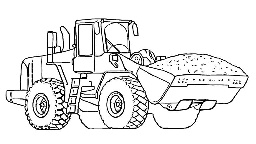 Раскраска Бульдозер с большими колёсами и ковшом, наполненным песком