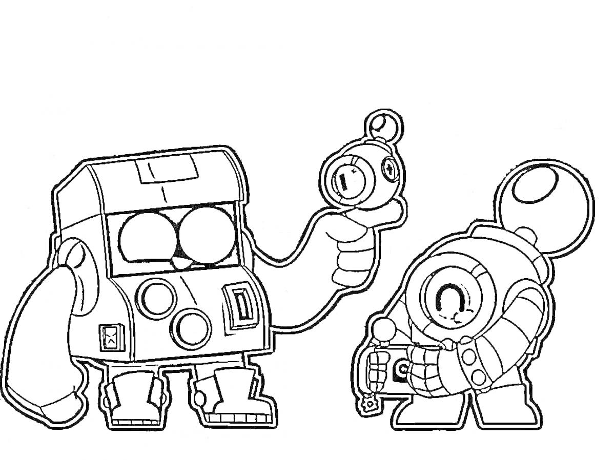 Раскраска Два робота, один с элементами 8-битной графики и пистолетом, другой с круглыми деталями и шлемом, оба держат оружие
