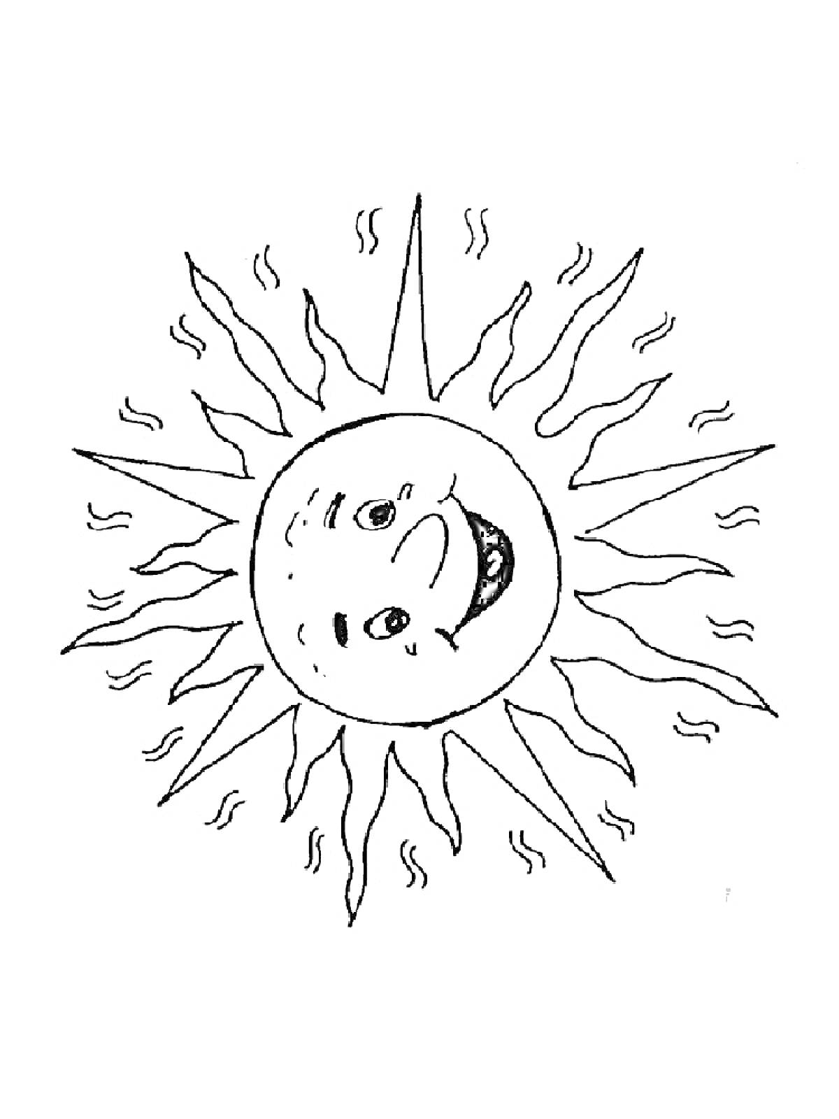 Раскраска Солнце с лицом и лучами, символизирующими тепло